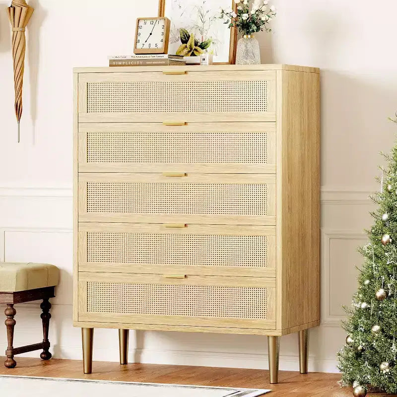 Commode en rotin à 5 tiroirs, armoire de rangement de style ferme de 112 cm de hauteur avec pieds en métal pour chambre à coucher et salon