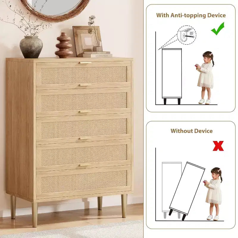 Commode en rotin à 5 tiroirs, armoire de rangement de style ferme de 112 cm de hauteur avec pieds en métal pour chambre à coucher et salon