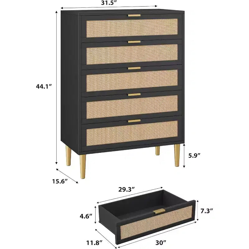 Commode en rotin à 5 tiroirs, armoire de rangement de style ferme de 112 cm de hauteur avec pieds en métal pour chambre à coucher et salon