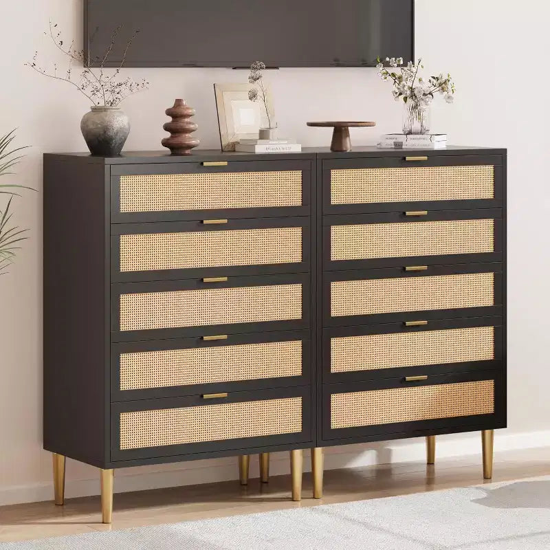 Commode en rotin à 5 tiroirs, armoire de rangement de style ferme de 112 cm de hauteur avec pieds en métal pour chambre à coucher et salon