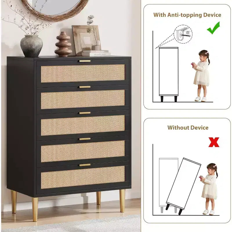 Commode en rotin à 5 tiroirs, armoire de rangement de style ferme de 112 cm de hauteur avec pieds en métal pour chambre à coucher et salon