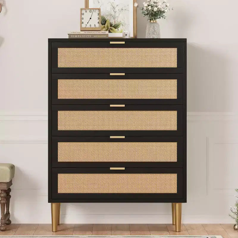 Commode en rotin à 5 tiroirs, armoire de rangement de style ferme de 112 cm de hauteur avec pieds en métal pour chambre à coucher et salon