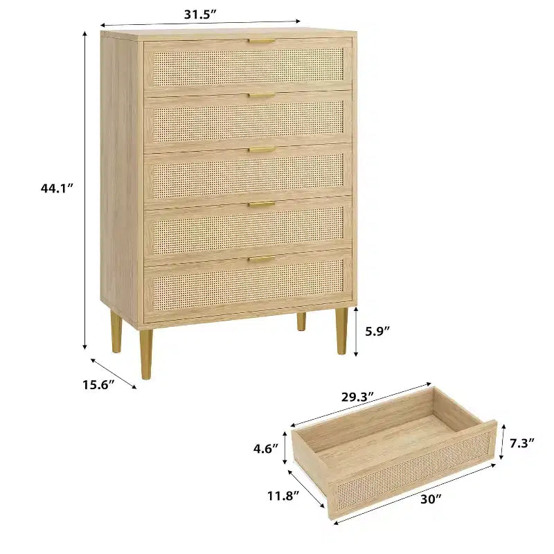 Commode en rotin à 5 tiroirs, armoire de rangement de style ferme de 112 cm de hauteur avec pieds en métal pour chambre à coucher et salon