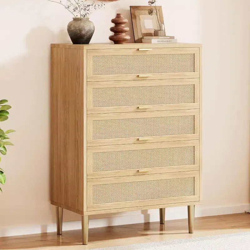 Commode en rotin à 5 tiroirs, armoire de rangement de style ferme de 112 cm de hauteur avec pieds en métal pour chambre à coucher et salon