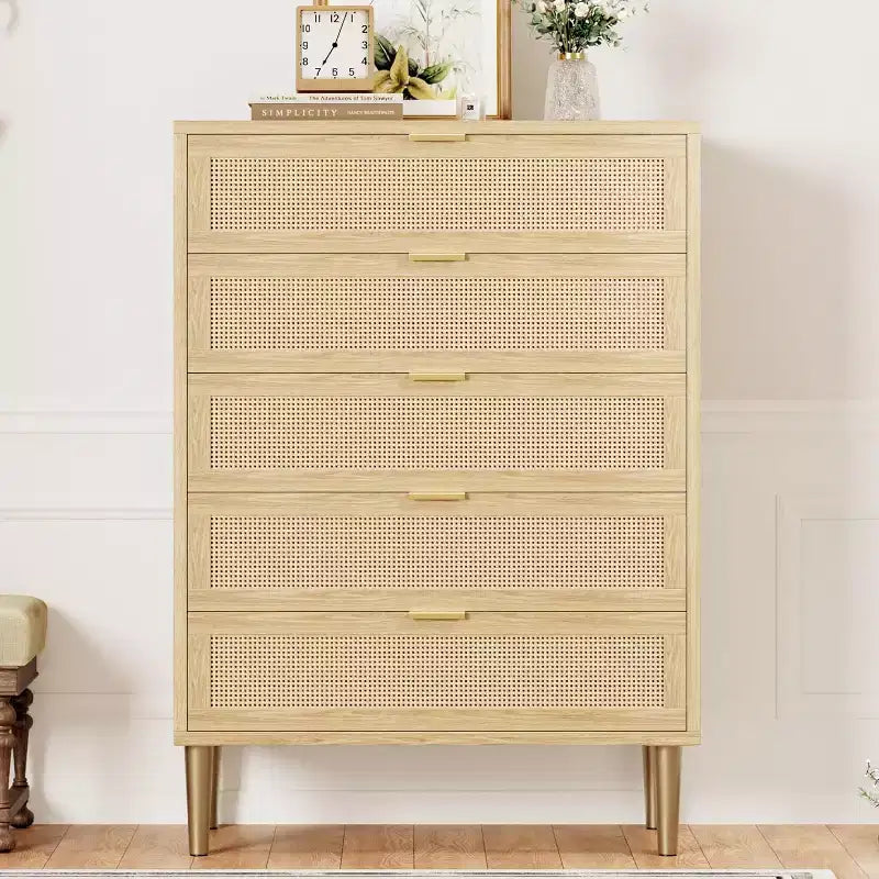 Commode en rotin à 5 tiroirs, armoire de rangement de style ferme de 112 cm de hauteur avec pieds en métal pour chambre à coucher et salon