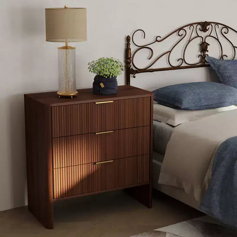 Meuble de rangement en bois avec 3 tiroirs, motif ondulé, table de chevet et coiffeuse modernes pour chambre à coucher, 78 cm, noyer