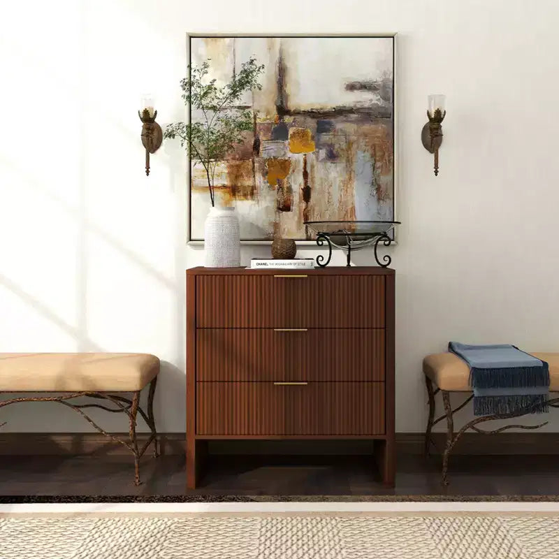 Meuble de rangement en bois avec 3 tiroirs, motif ondulé, table de chevet et coiffeuse modernes pour chambre à coucher, 78 cm, noyer