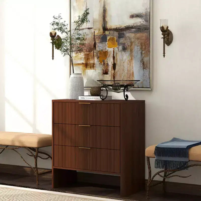 Meuble de rangement en bois avec 3 tiroirs, motif ondulé, table de chevet et coiffeuse modernes pour chambre à coucher, 78 cm, noyer