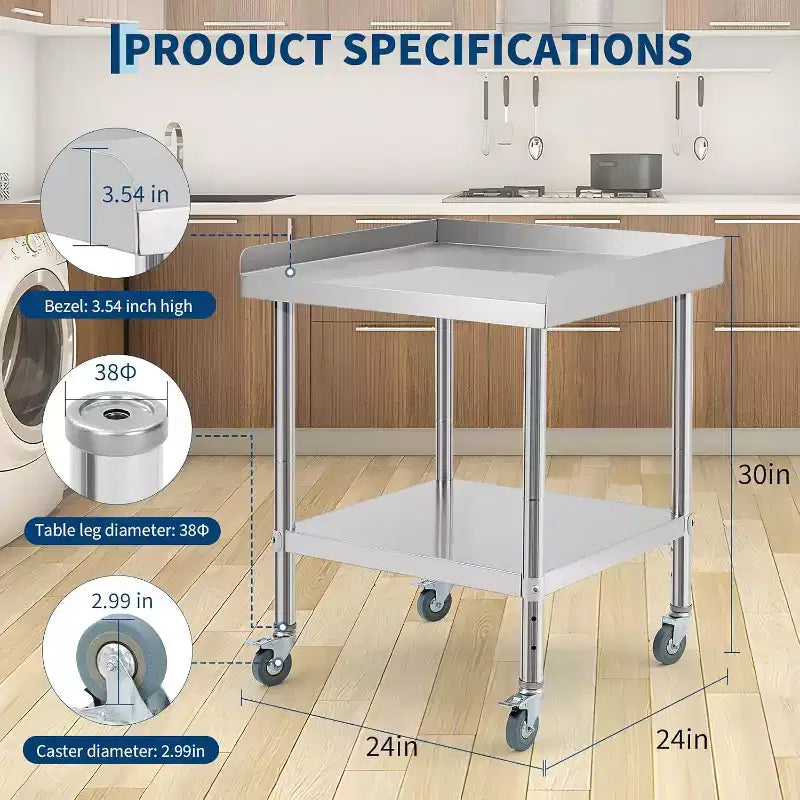 Table de travail en acier inoxydable avec dosseret sur 3 côtés et roulettes
