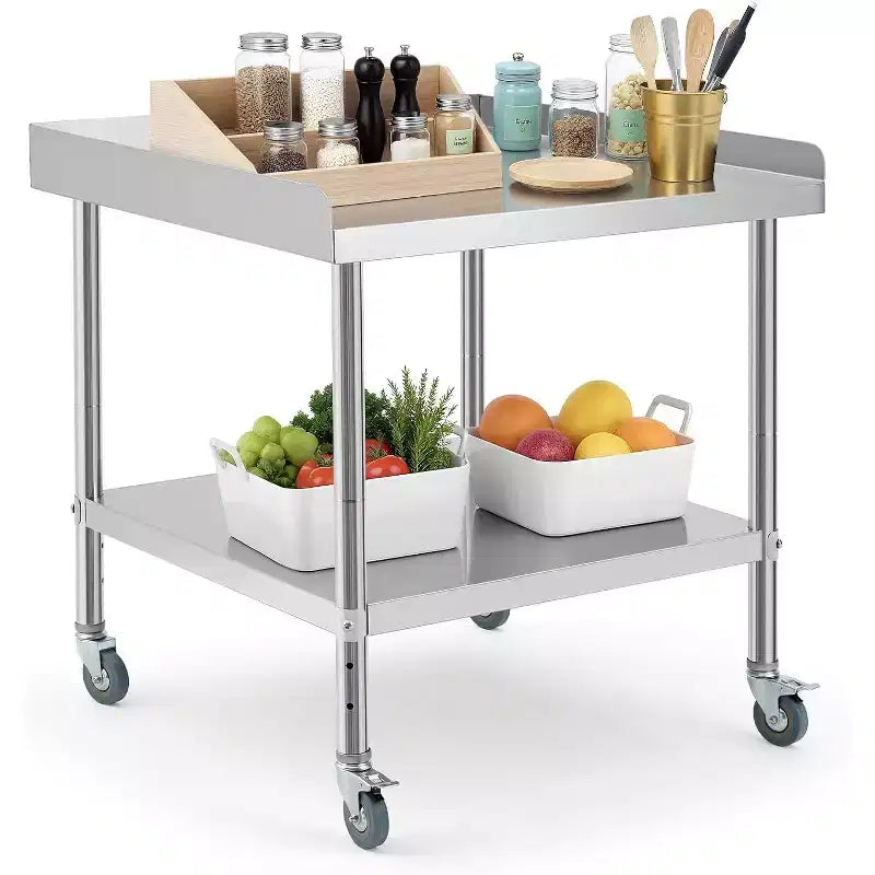 Table de travail en acier inoxydable avec dosseret sur 3 côtés et roulettes