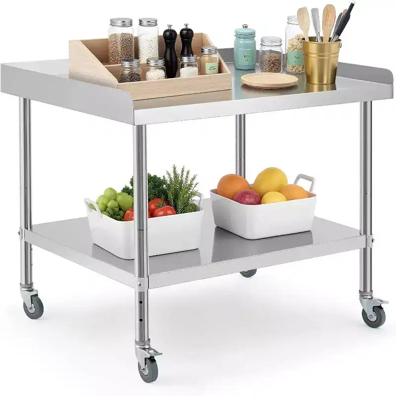 Table de travail en acier inoxydable avec dosseret sur 3 côtés et roulettes
