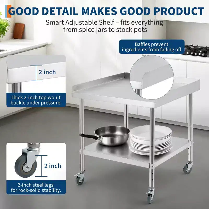Table de travail en acier inoxydable avec dosseret sur 3 côtés et roulettes