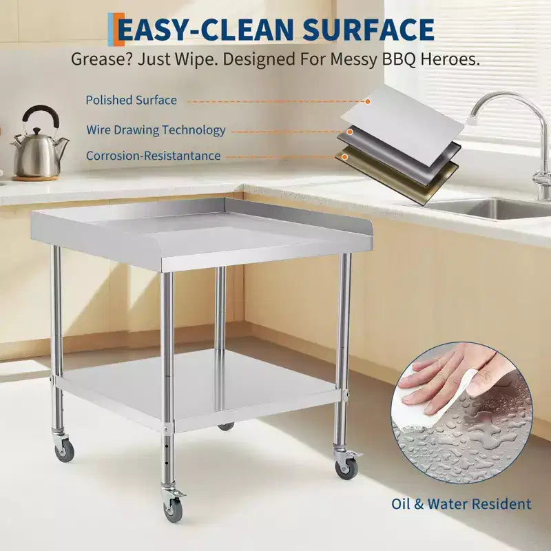 Table de travail en acier inoxydable avec dosseret sur 3 côtés et roulettes