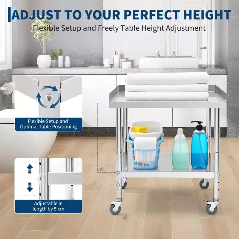 Table de travail en acier inoxydable avec dosseret sur 3 côtés et roulettes