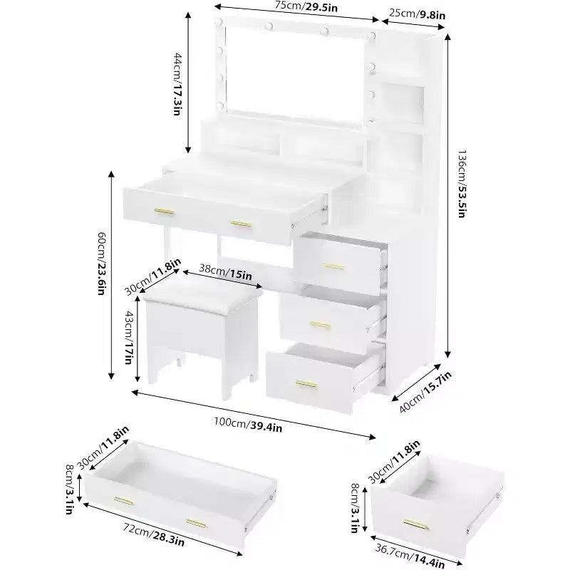Coiffeuse avec miroir 9 LED, 4 grands tiroirs et étagères ouvertes à 3 niveaux, Blanche