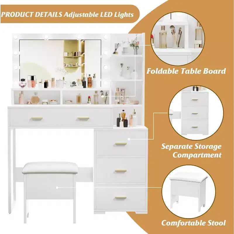 Coiffeuse avec miroir 9 LED, 4 grands tiroirs et étagères ouvertes à 3 niveaux, Blanche