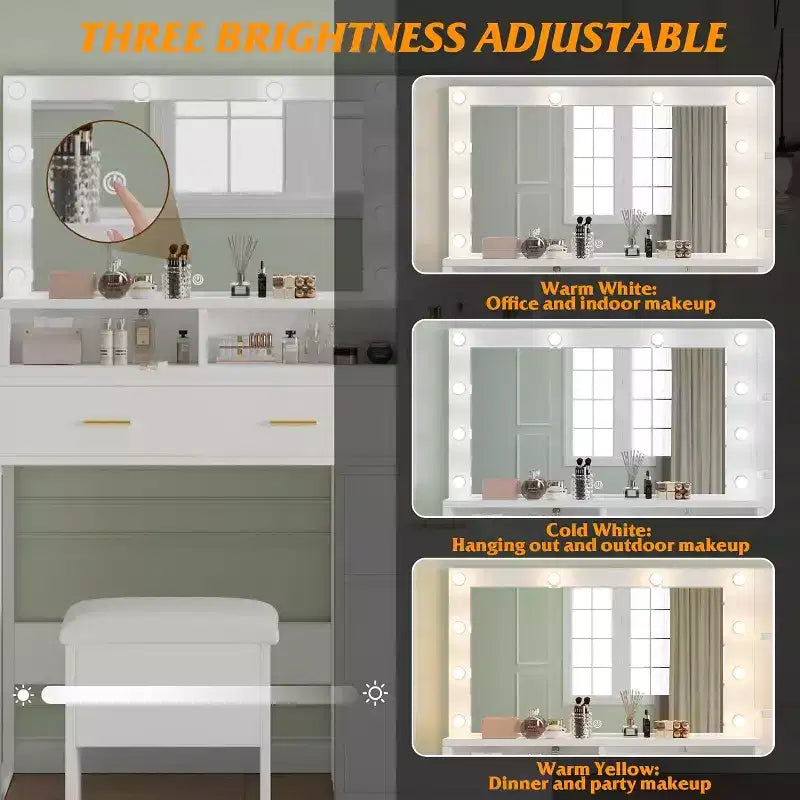 Coiffeuse avec miroir 9 LED, 4 grands tiroirs et étagères ouvertes à 3 niveaux, Blanche