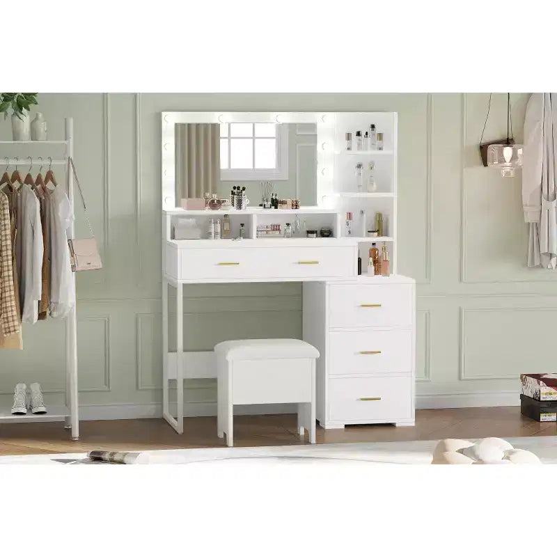 Coiffeuse avec miroir 9 LED, 4 grands tiroirs et étagères ouvertes à 3 niveaux, Blanche