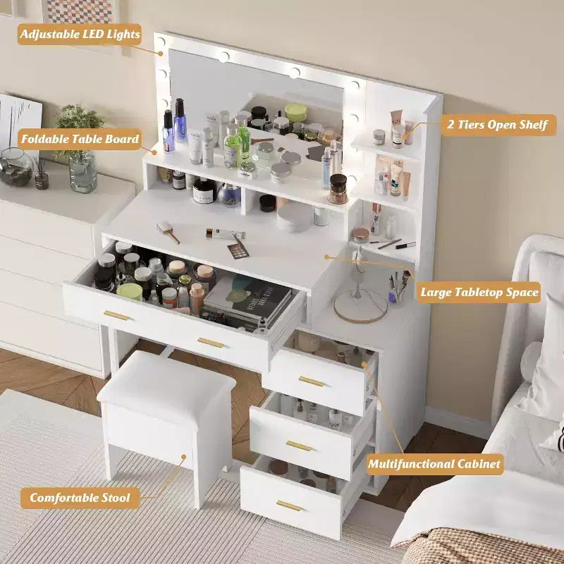 Coiffeuse avec miroir 9 LED, 4 grands tiroirs et étagères ouvertes à 3 niveaux, Blanche