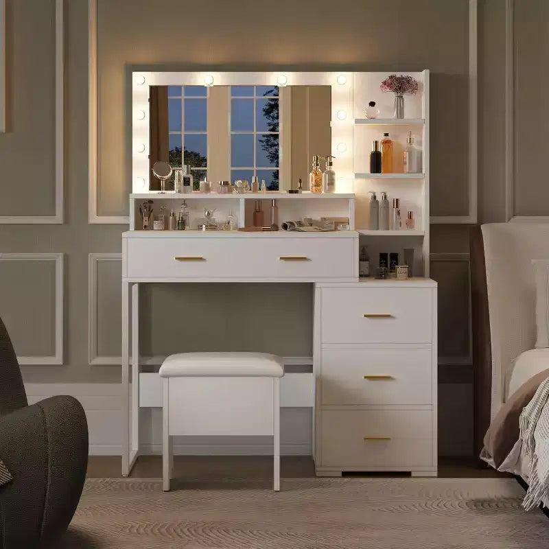 Coiffeuse avec miroir 9 LED, 4 grands tiroirs et étagères ouvertes à 3 niveaux, Blanche