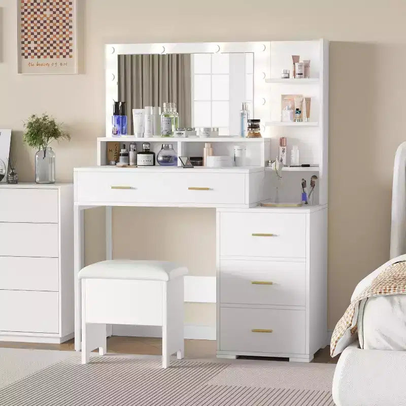 Coiffeuse avec miroir 9 LED, 4 grands tiroirs et étagères ouvertes à 3 niveaux, Blanche