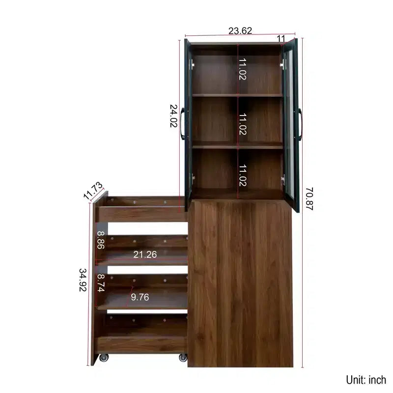 Meuble de rangement et de présentation de 180 cm de hauteur avec étagères coulissantes à 4 niveaux et portes vitrées