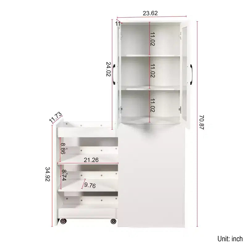 Meuble de rangement et de présentation de 180 cm de hauteur avec étagères coulissantes à 4 niveaux et portes vitrées