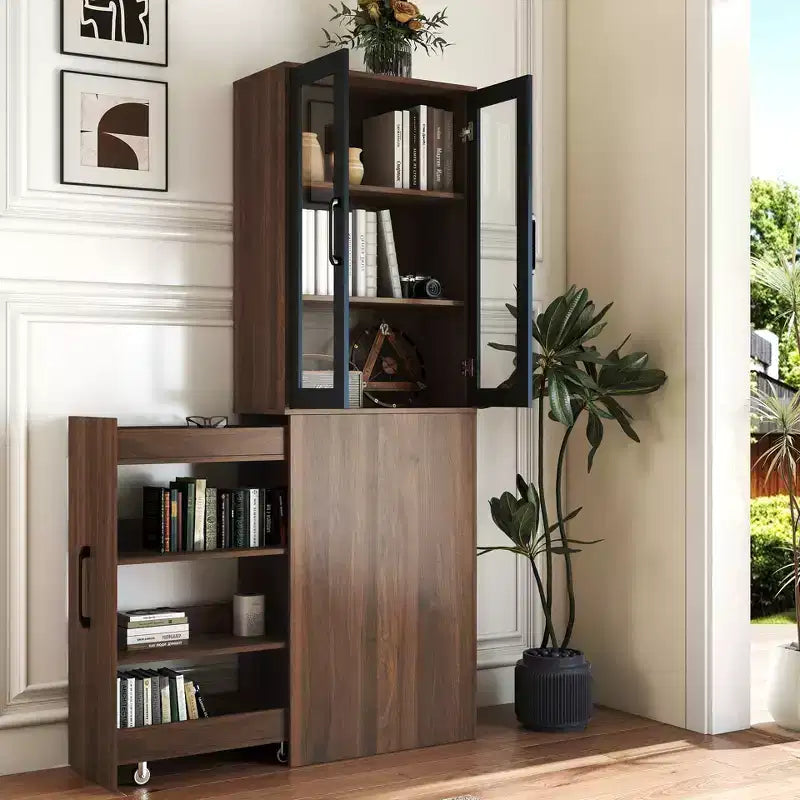 Meuble de rangement et de présentation de 180 cm de hauteur avec étagères coulissantes à 4 niveaux et portes vitrées