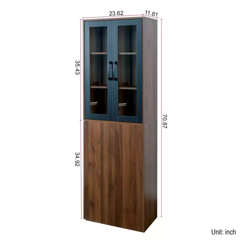 Meuble de rangement et de présentation de 180 cm de hauteur avec étagères coulissantes à 4 niveaux et portes vitrées