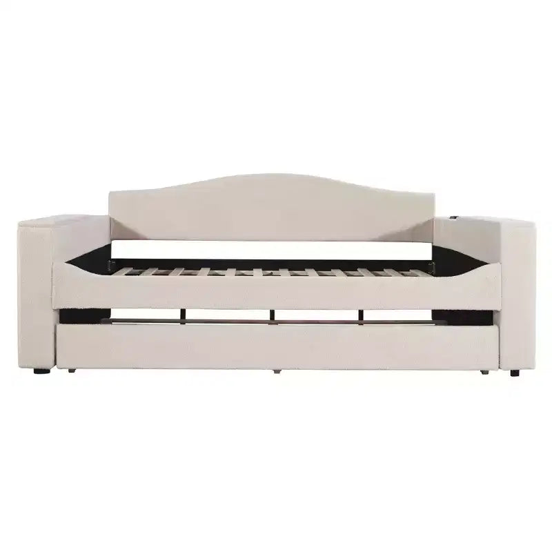 Lit de repos pleine grandeur en polaire Teddy rembourré avec accoudoirs de rangement, lit gigogne et audio Bluetooth, beige