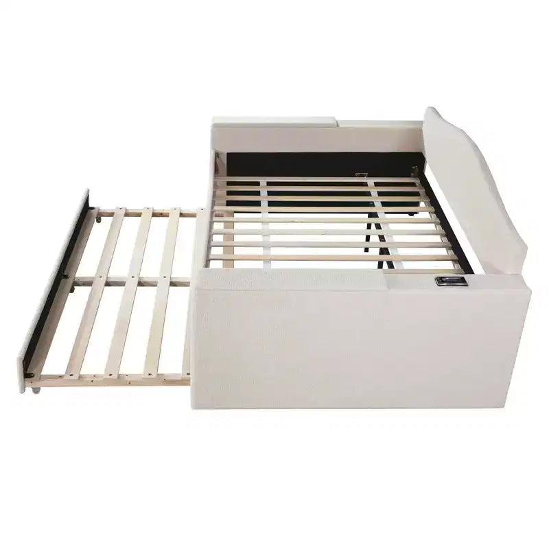 Lit de repos pleine grandeur en polaire Teddy rembourré avec accoudoirs de rangement, lit gigogne et audio Bluetooth, beige