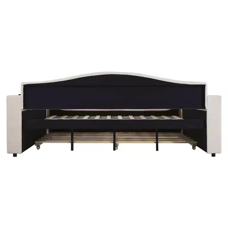 Lit de repos pleine grandeur en polaire Teddy rembourré avec accoudoirs de rangement, lit gigogne et audio Bluetooth, beige