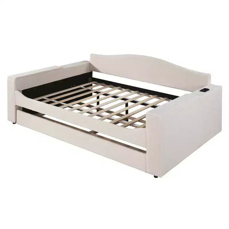 Lit de repos pleine grandeur en polaire Teddy rembourré avec accoudoirs de rangement, lit gigogne et audio Bluetooth, beige
