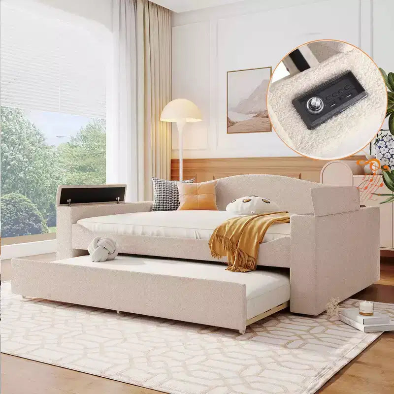 Lit de repos pleine grandeur en polaire Teddy rembourré avec accoudoirs de rangement, lit gigogne et audio Bluetooth, beige