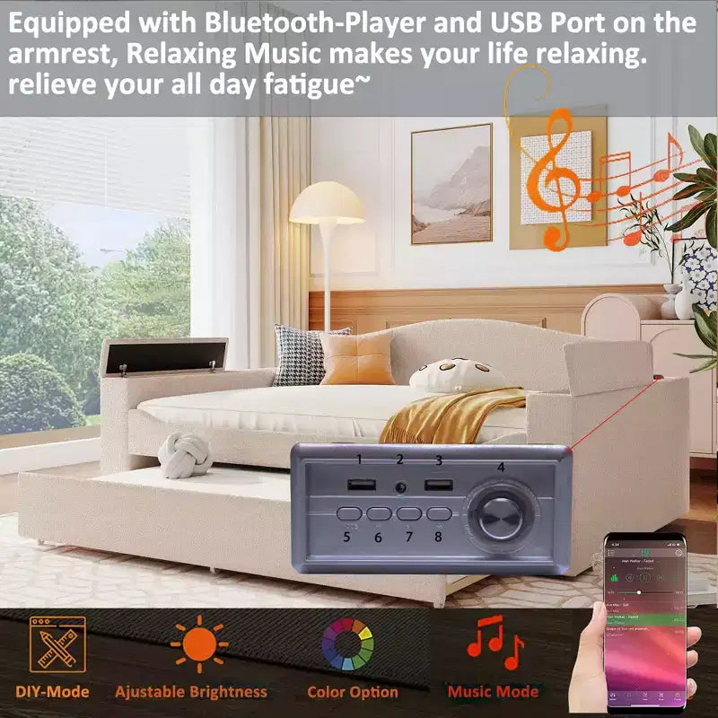 Lit de repos pleine grandeur en polaire Teddy rembourré avec accoudoirs de rangement, lit gigogne et audio Bluetooth, beige