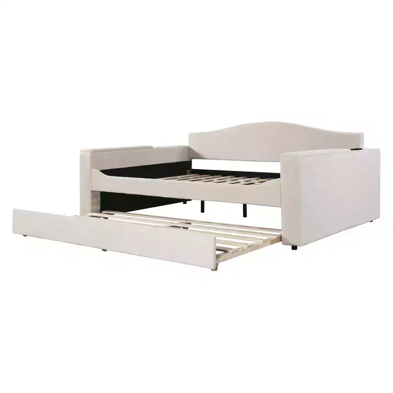 Lit de repos pleine grandeur en polaire Teddy rembourré avec accoudoirs de rangement, lit gigogne et audio Bluetooth, beige