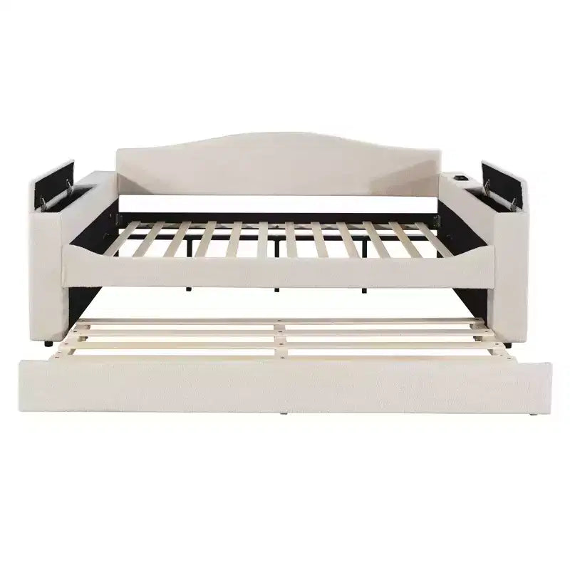 Lit de repos pleine grandeur en polaire Teddy rembourré avec accoudoirs de rangement, lit gigogne et audio Bluetooth, beige