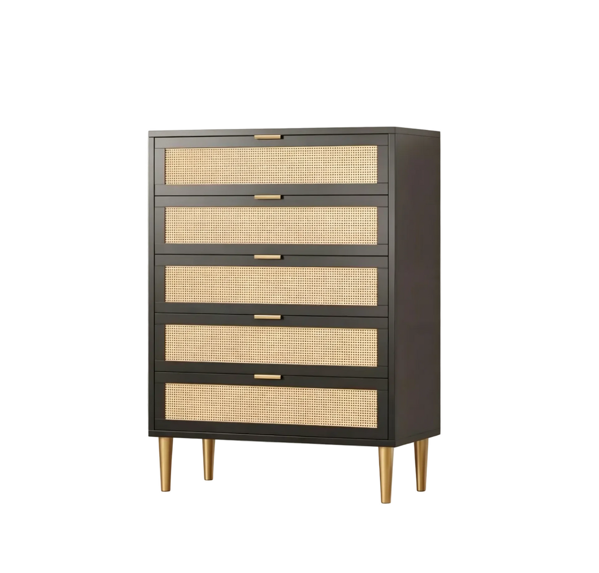 Commode en rotin à 5 tiroirs, armoire de rangement de style ferme de 112 cm de hauteur avec pieds en métal pour chambre à coucher et salon
