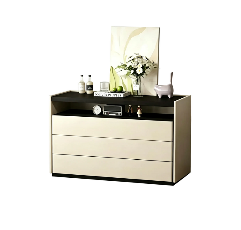 Commode moderne 3 tiroirs avec étagère ouverte, 120 cm – Crème bicolore et bois foncé