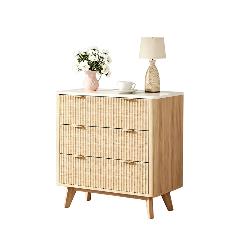 Table de chevet cannelée moderne avec plateau effet marbre, commode de chevet à 3 tiroirs avec profil incurvé