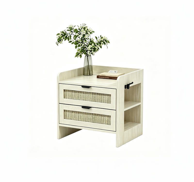 Table de chevet en rotin avec station de charge USB-C, Table de nuit bohème avec 2 tiroirs
