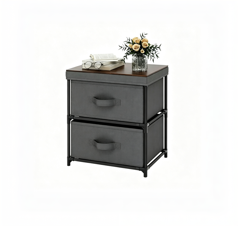 Commode à 2 tiroirs, meuble de rangement en tissu, table de chevet, table d'appoint pour canapé – Gris et marron rustique