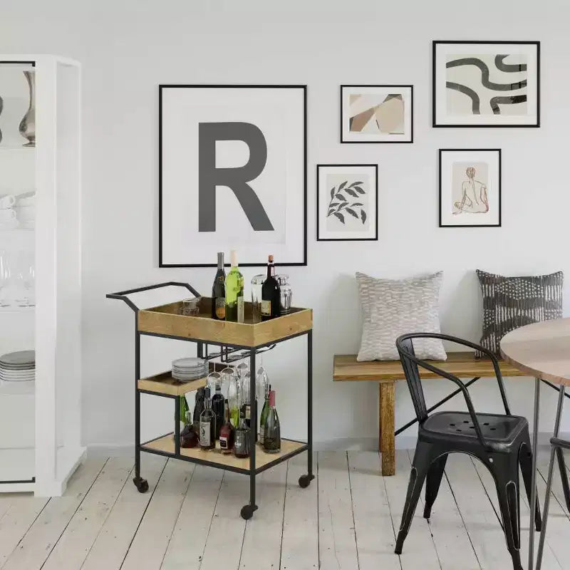 Desserte de bar naturelle – Station de service de boissons avec porte-verres, bois de manguier et fer