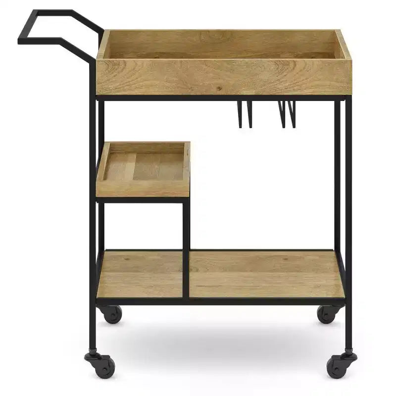 Desserte de bar naturelle – Station de service de boissons avec porte-verres, bois de manguier et fer
