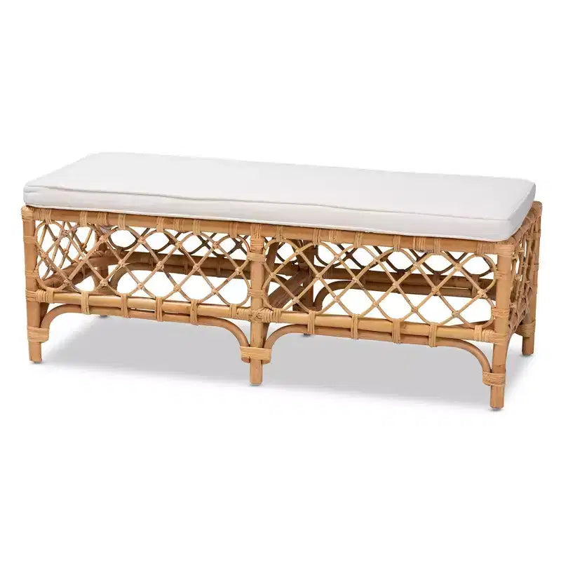 Banc d'appoint en tissu rembourré et rotin blanc/naturel