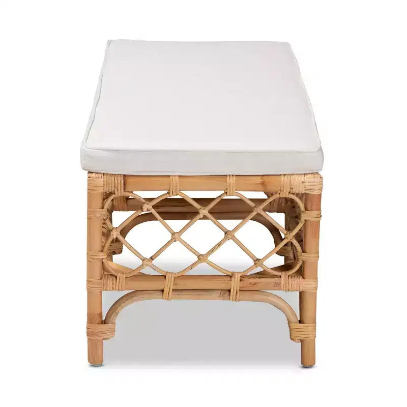 Banc d'appoint en tissu rembourré et rotin blanc/naturel