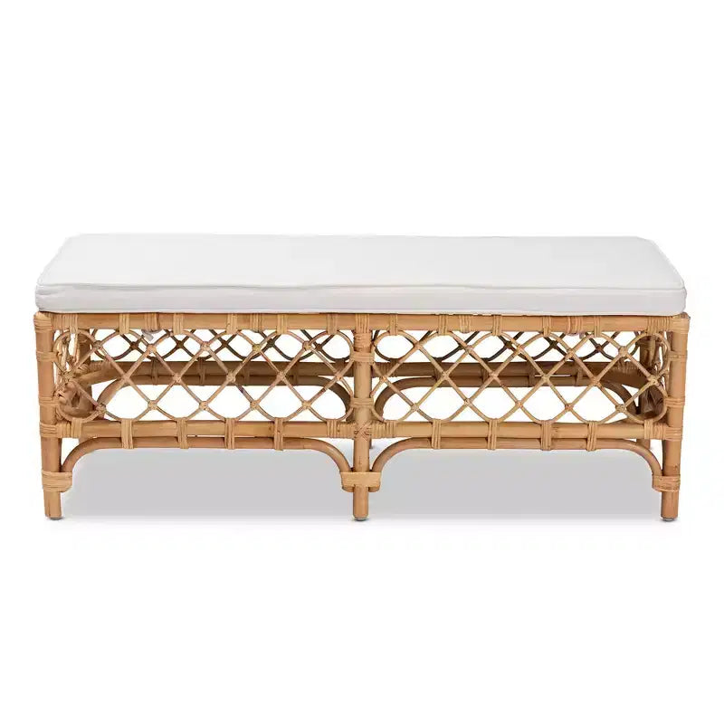 Banc d'appoint en tissu rembourré et rotin blanc/naturel