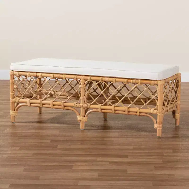 Banc d'appoint en tissu rembourré et rotin blanc/naturel