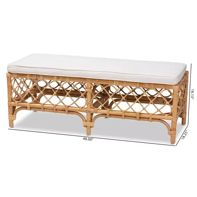 Banc d'appoint en tissu rembourré et rotin blanc/naturel
