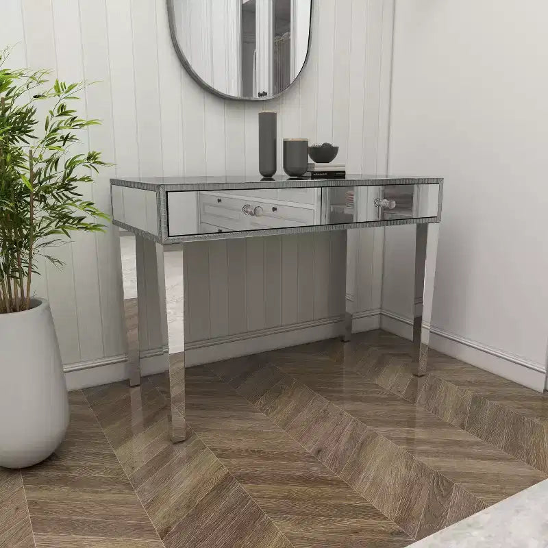Console table/bureau en bois avec miroir et détails argentés, style glamour